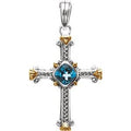 Sterling Silver & 14K Yellow Gold Natural Swiss Blue Topaz Cross Pendant
