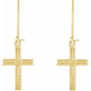 14K Yellow Gold Heart & Cross Earrings