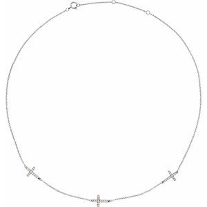 14K White Gold 1/4 CTW Natural Diamond 3-Station Cross 16-18” Necklace