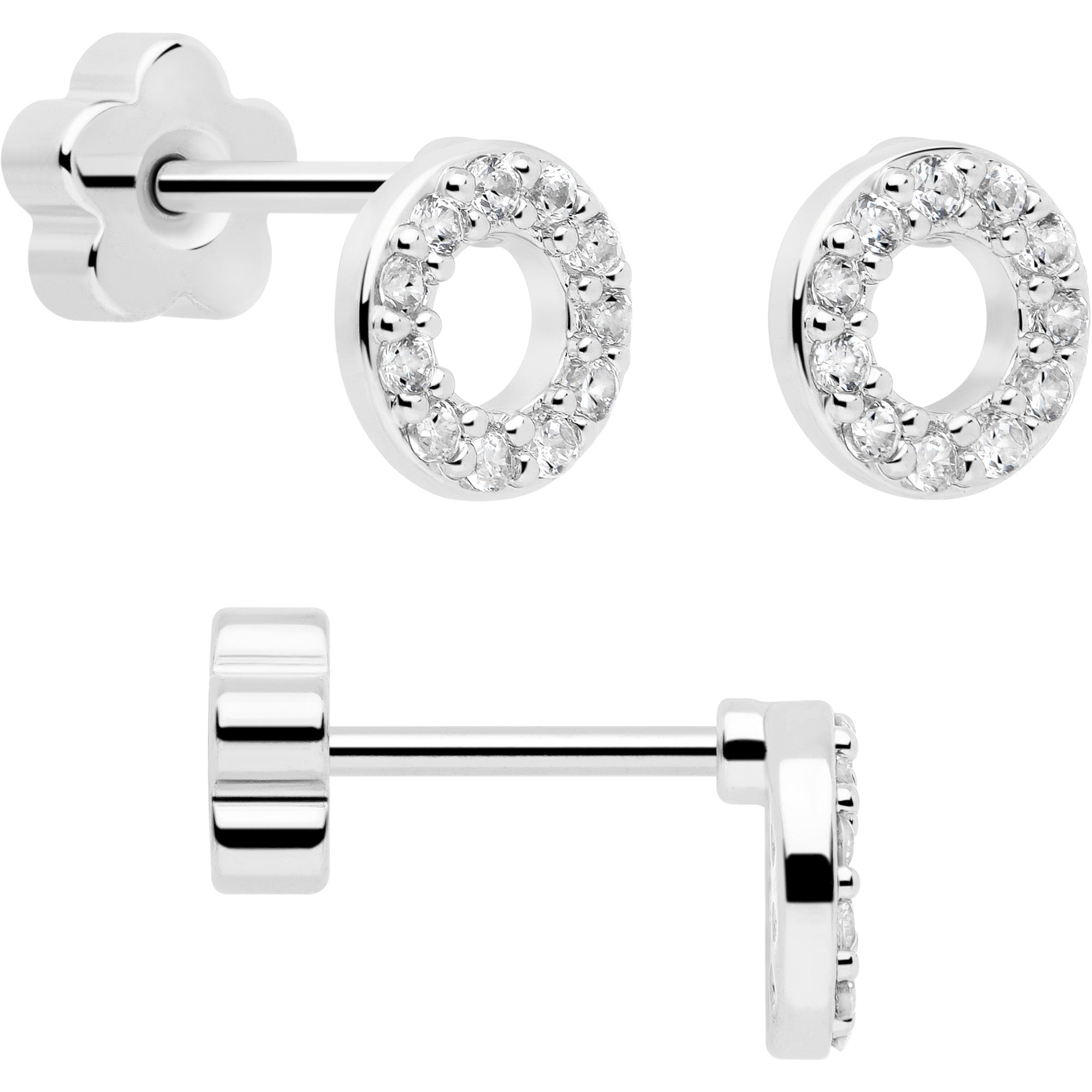 20G Clear CZ Gem Moon Circle Bar Reversible Flower Flat Back Earring Set of 6