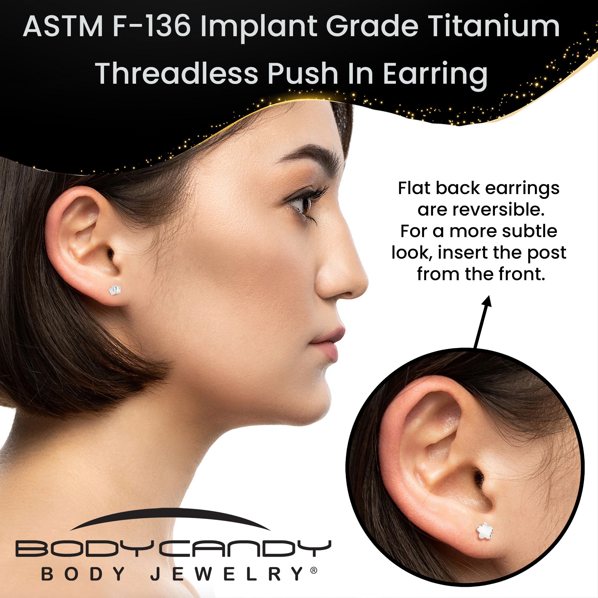 18G 1/4 Clear Gem Implant Grade Titanium Threadless Flower Reversible Flat Back Earring