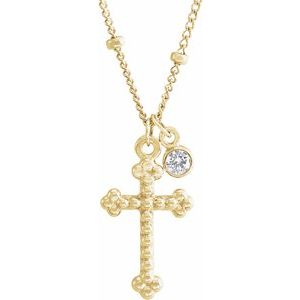 14K Yellow Gold .06 CT Natural Diamond Beaded Cross 20" Necklace